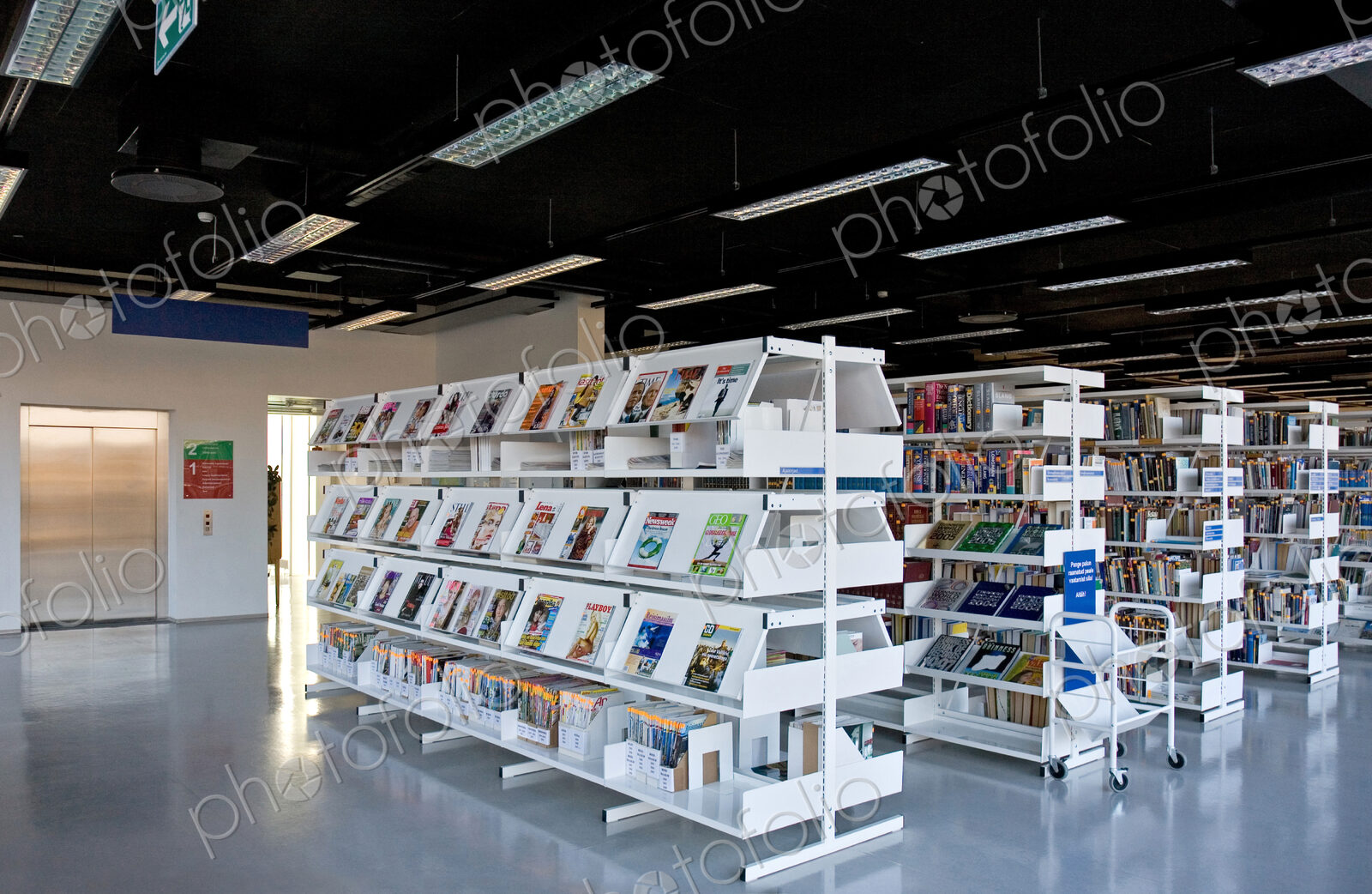 Public library, modern interior with shelves of books