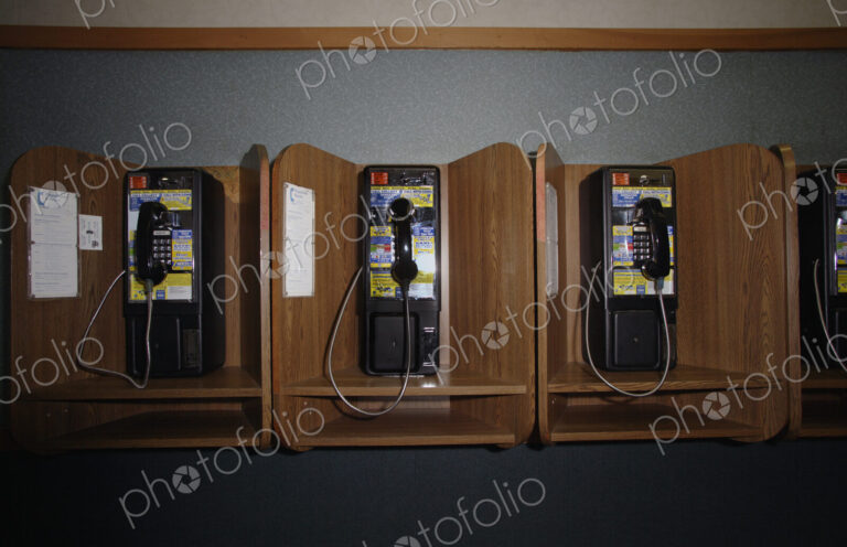 Public phone booths at a highway rest stop in West Virginia