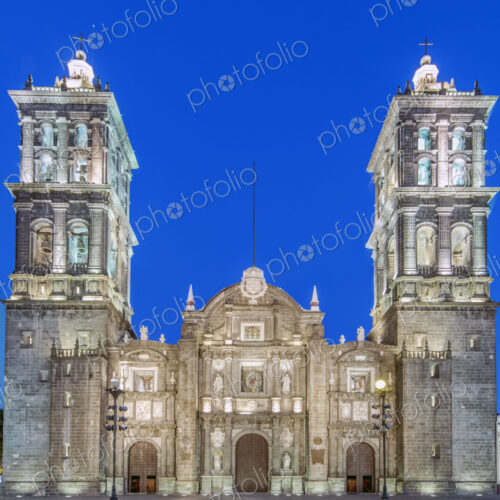 Puebla Cathedral at night, Puebla, Puebla, Mexico