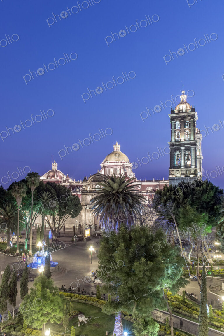 Puebla Cathedral illuminated at night, Puebla, Puebla, Mexico