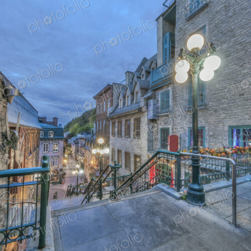 Quebec city, old town at night, UNESCO heritage site, Quartier Petit Champlain,…