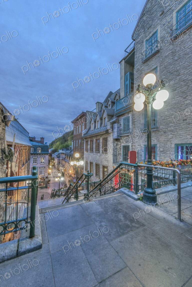 Quebec city, old town at night, UNESCO heritage site, Quartier Petit Champlain,…