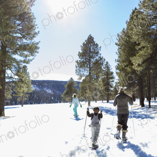 Rear view of a mother and her children, a teenage girl and young boy, snow shoeing