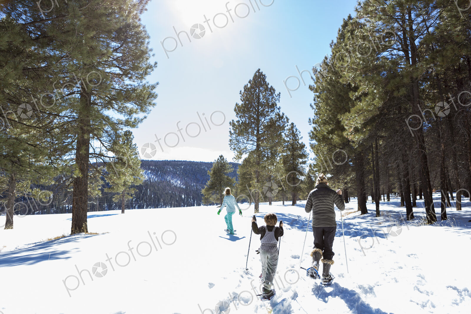 Rear view of a mother and her children, a teenage girl and young boy, snow shoeing