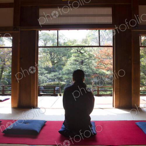 Rear view of man sitting on blue cushion on floor in traditional Japanese building.