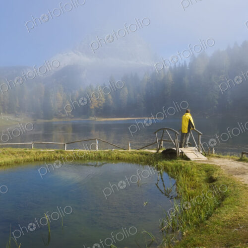 Rear view of man standing on wooden bridge over lake, forest and mountain in the distance.