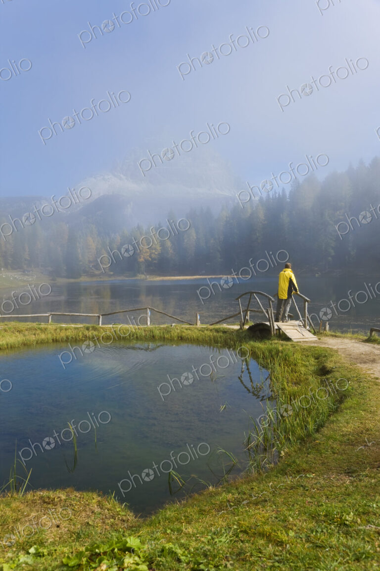 Rear view of man standing on wooden bridge over lake, forest and mountain in the distance.