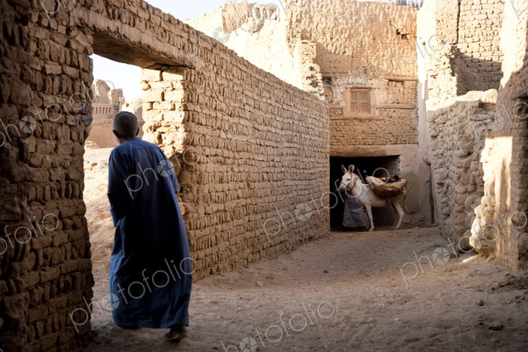 Rear view of man wearing caftan walking through wall doorway, donkey in background.