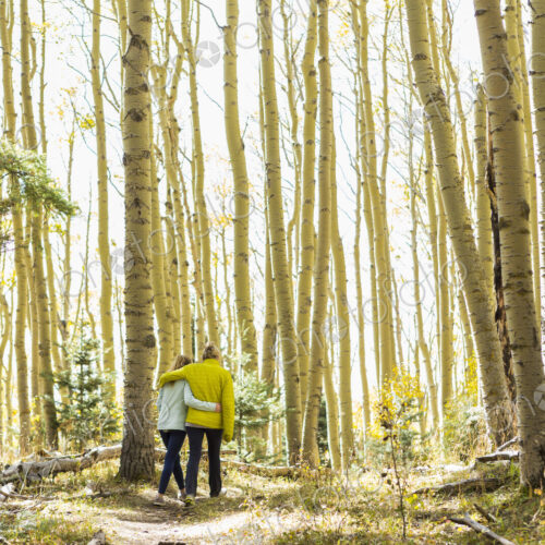 Rear view of mother and her teen age daughter hiking in the autumn aspens Rear view of mother and her teen age daughter hiking in the autumn aspens
