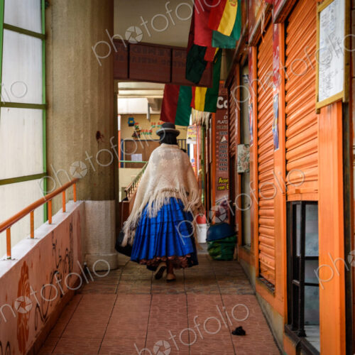 Rear view of woman wearing traditional clothing, La Paz, Bolivia. Rear view of woman wearing traditional clothing, La Paz, Bolivia.