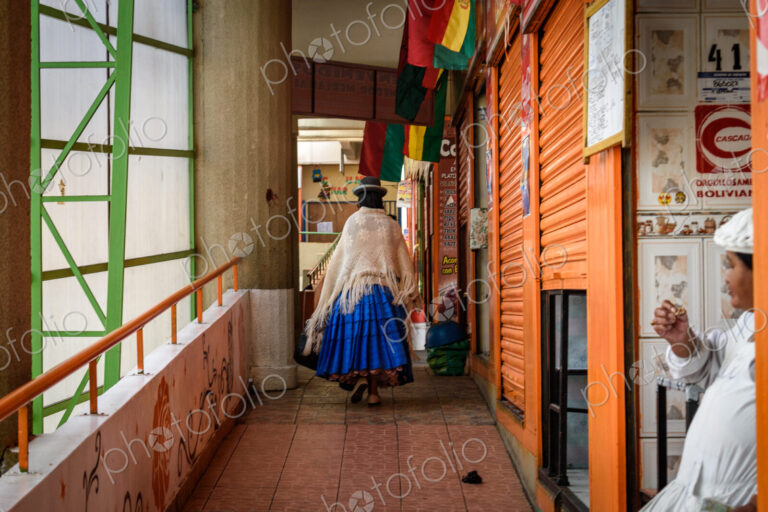 Rear view of woman wearing traditional clothing, La Paz, Bolivia.