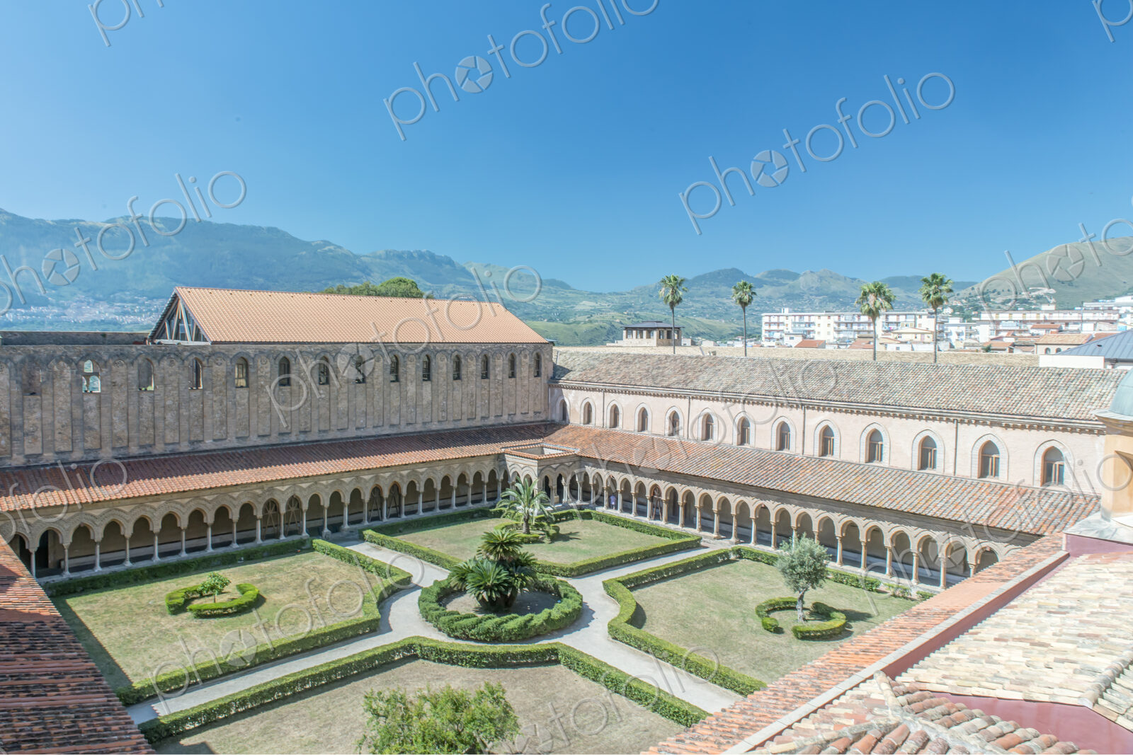 Recreation of a 12th century Byzantine monastery cloister with a garden.