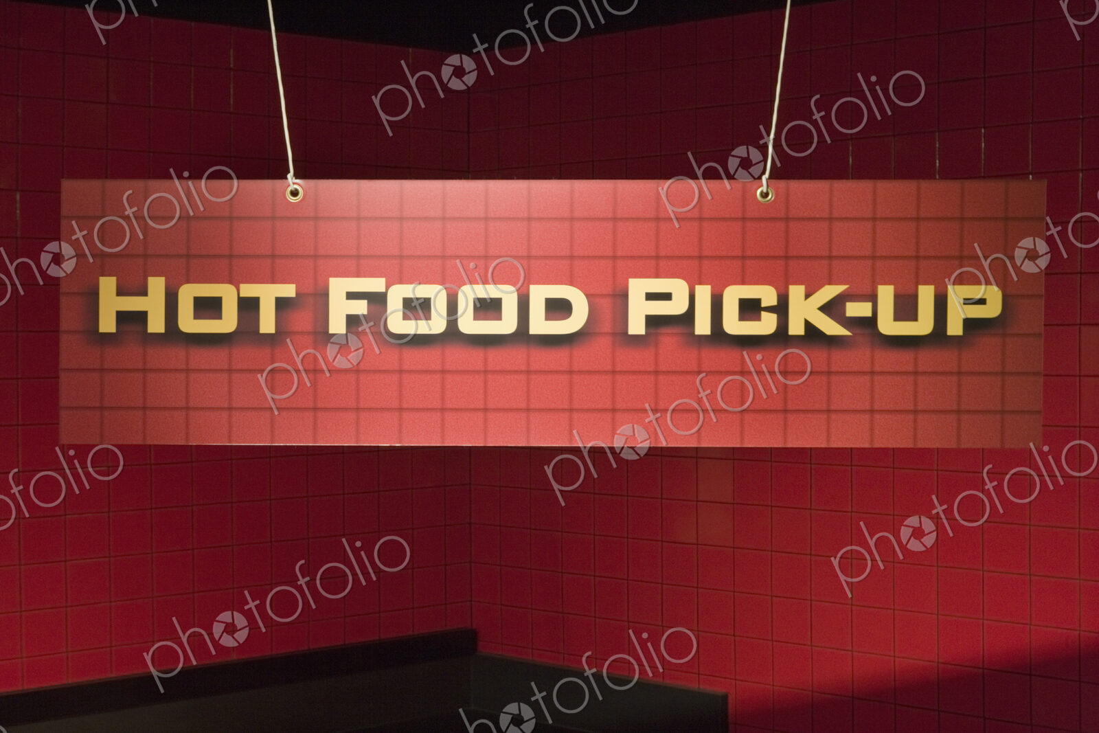 Red hot food pickup hanging sign.