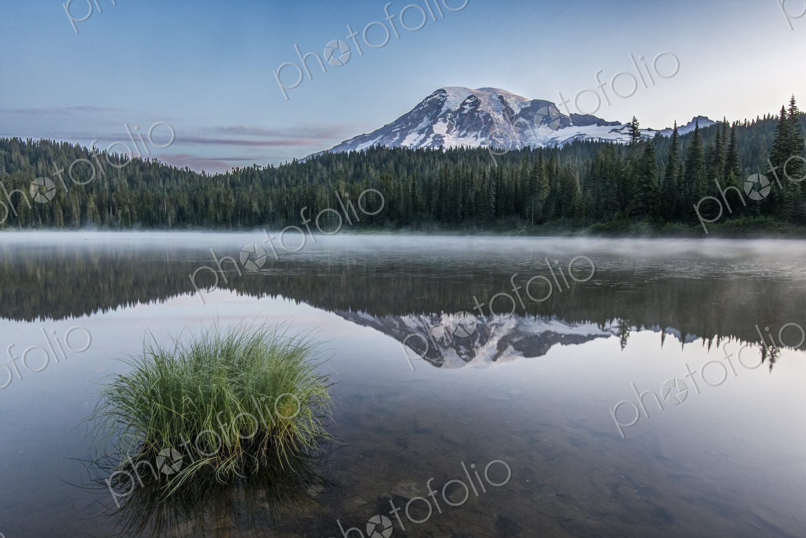 Reflection of Mount Rainier in Reflection Lake in Mount Rainier national park at dawn.