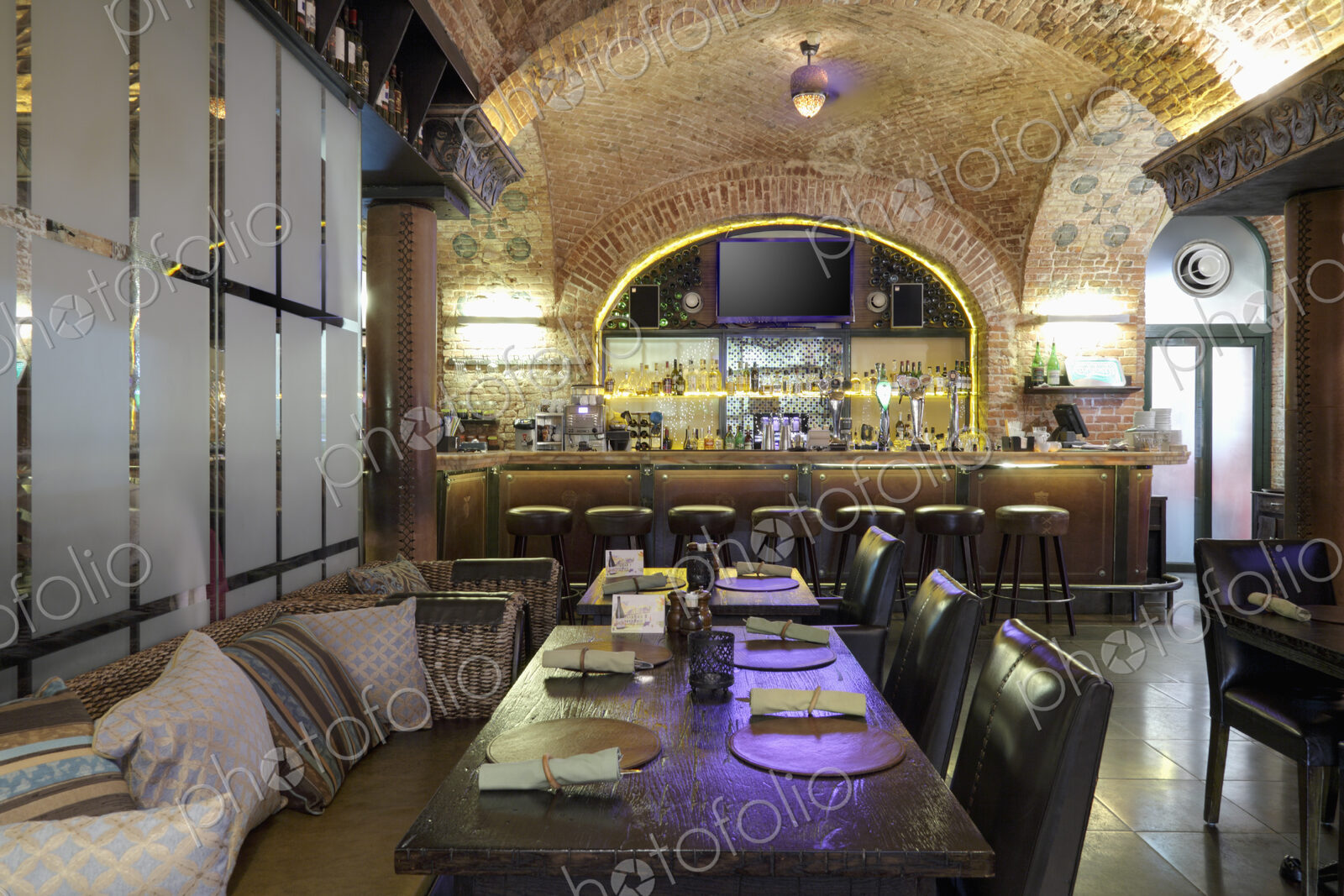 Restaurant interior with bar on background.