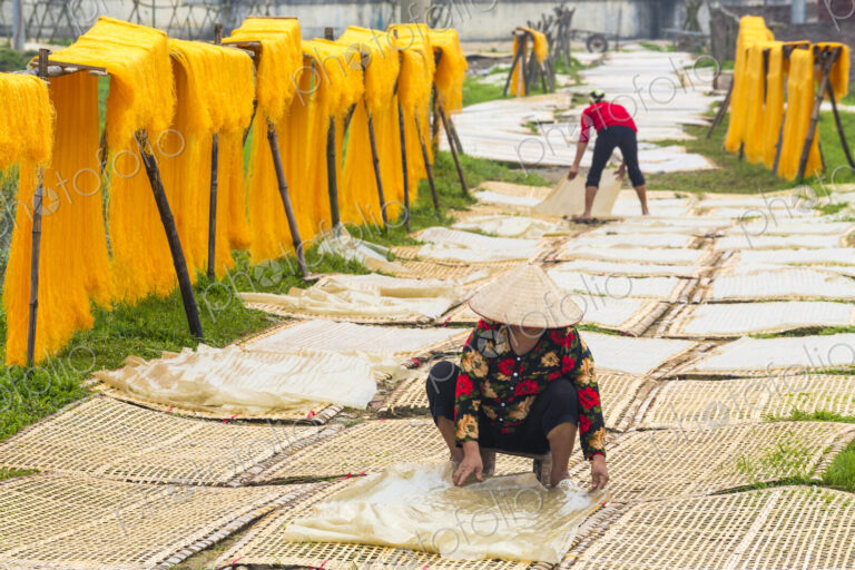Rice noodle production, women spreading noodles on mats on the floor to dry