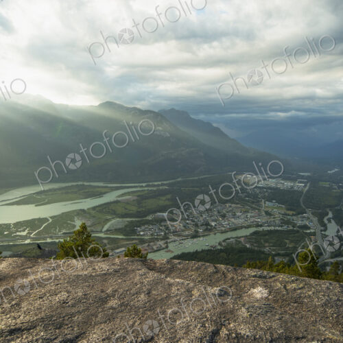 Rivers and Squamish cityscape viewed from hilltop, British Columbia, Canada
