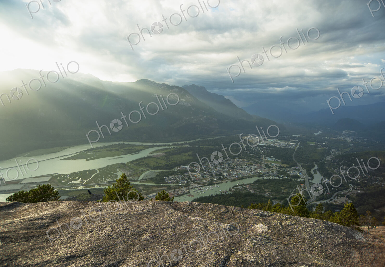 Rivers and Squamish cityscape viewed from hilltop, British Columbia, Canada