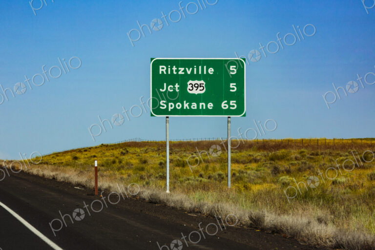 Road sign on Interstate 90 for Ritzville and Spokane
