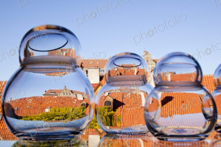 Rooftops viewed through glass jars, Malmo, Sweden