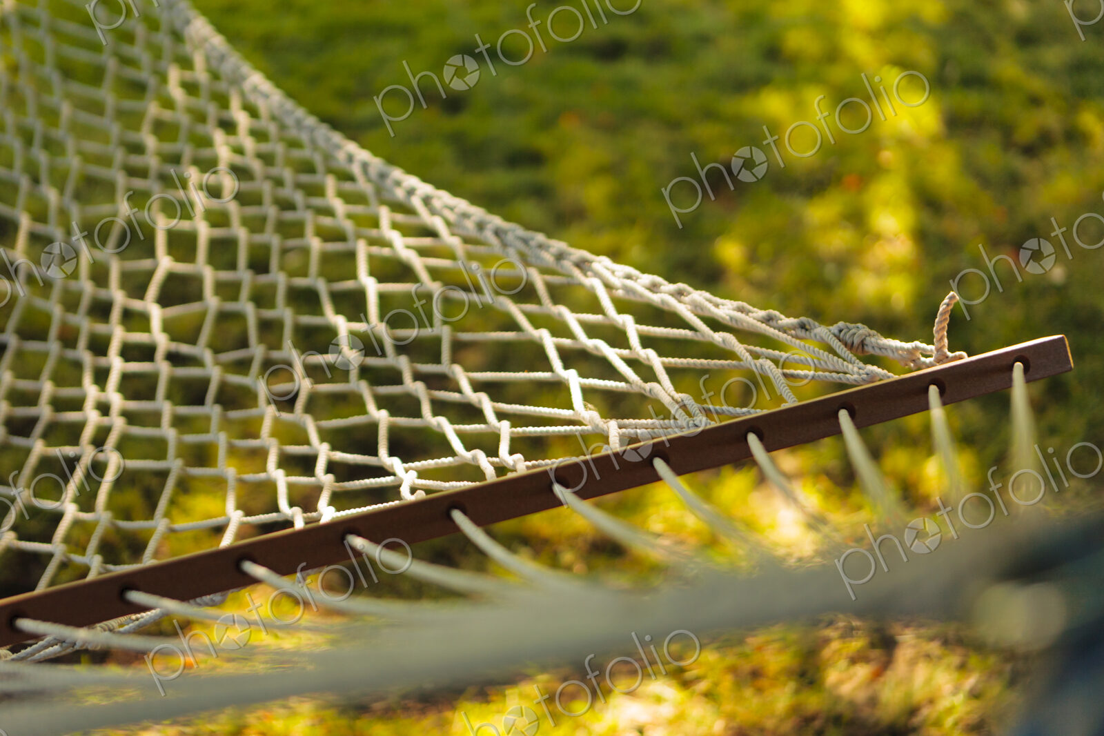 Rope hammock in the shade under a tree in a garden.