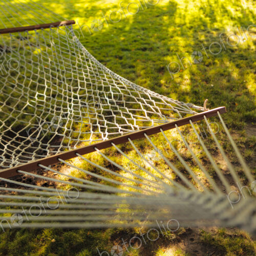 Rope hammock in the shade under a tree in a garden.