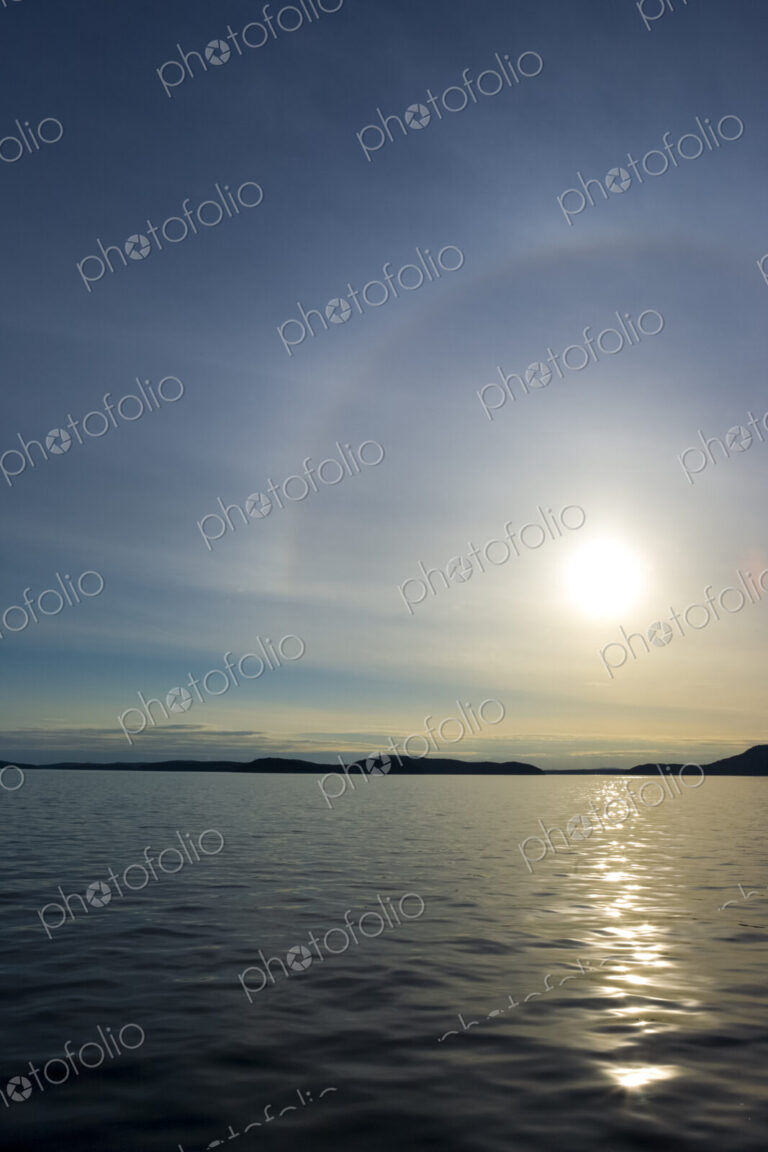 Rosario Strait, San Juan Islands, the view at sunset over the water to the islands…