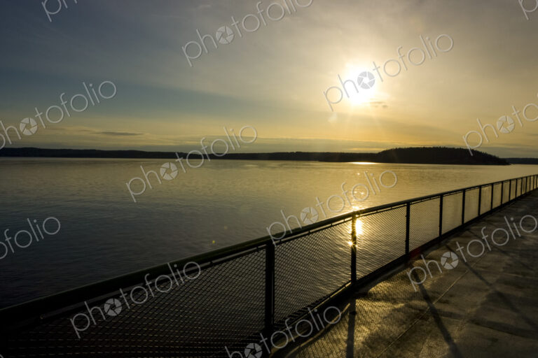 Rosario Strait and the San Juan Islands viewed from the ferry on Puget Sound, sunset.