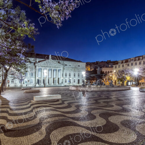 Rossio Square illuminated at night, Lisbon, Lisbon, Portugal