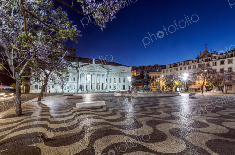 Rossio Square illuminated at night, Lisbon, Lisbon, Portugal