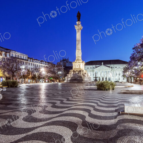 Rossio Square illuminated at night, Lisbon, Lisbon, Portugal