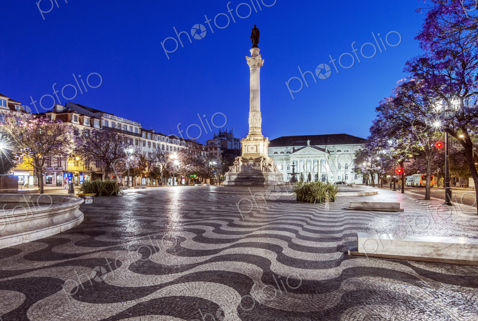 Rossio Square illuminated at night, Lisbon, Lisbon, Portugal