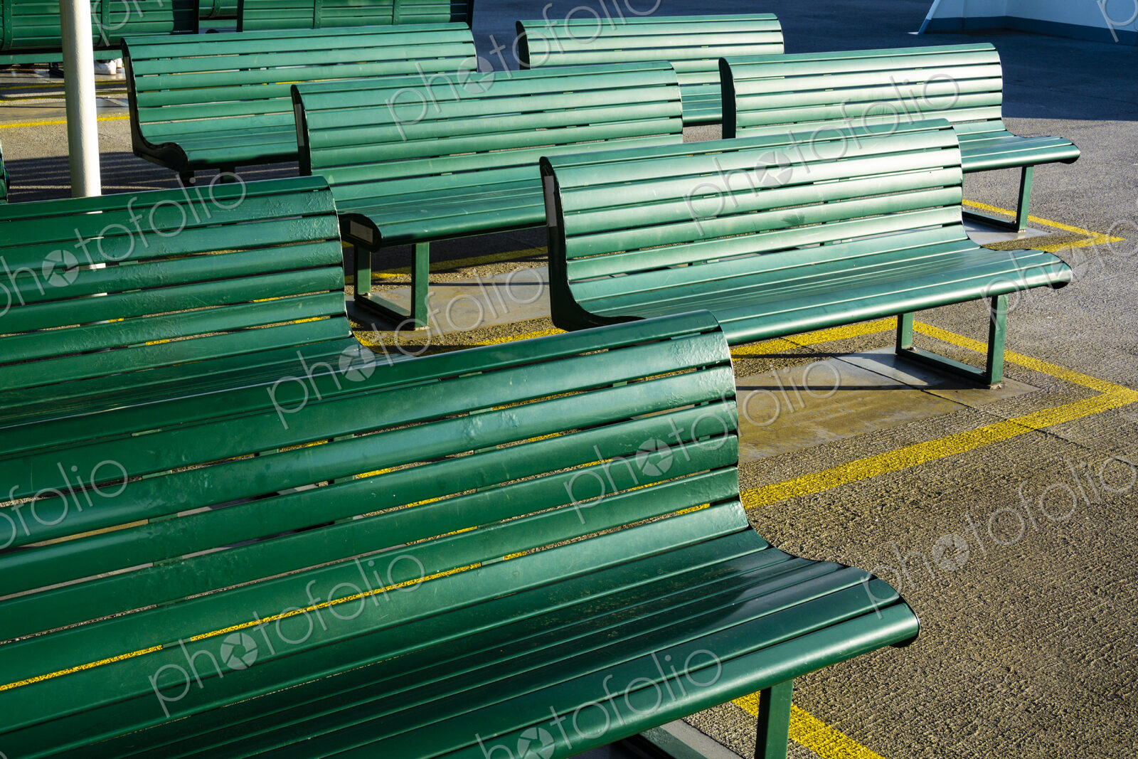 Row of benches on the Spokane ferry on Puget Sound, WA USA