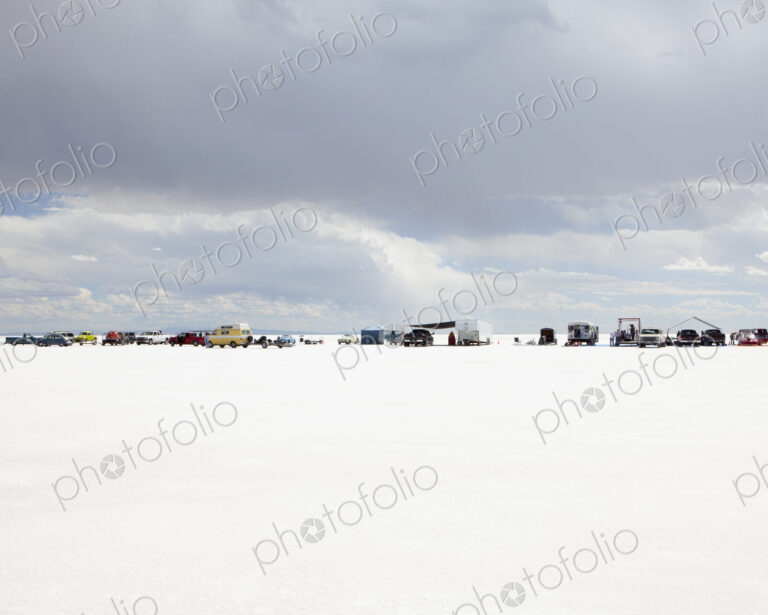 Row of spectators on Bonneville Salt Flats, during Speed Week