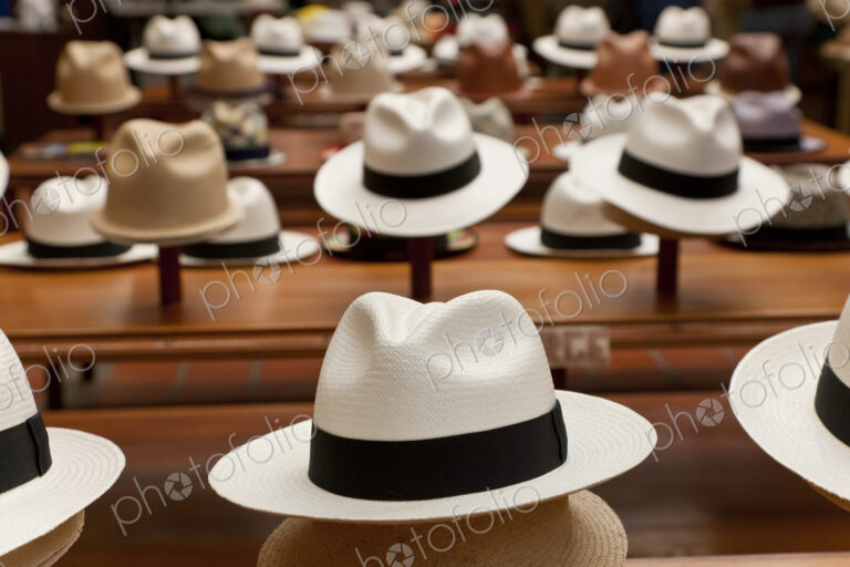 Rows of Panama hats on display in a shop.