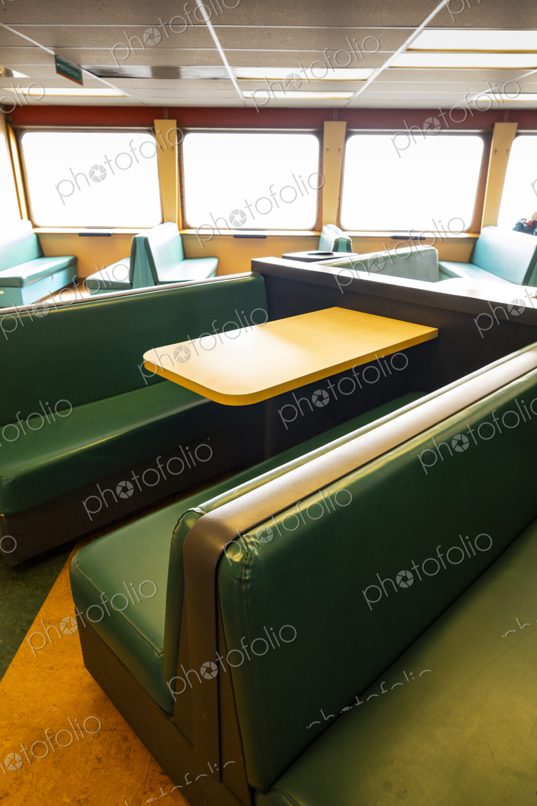 Rows of seats and booths on the Spokane Ferry, Seattle, WA USA