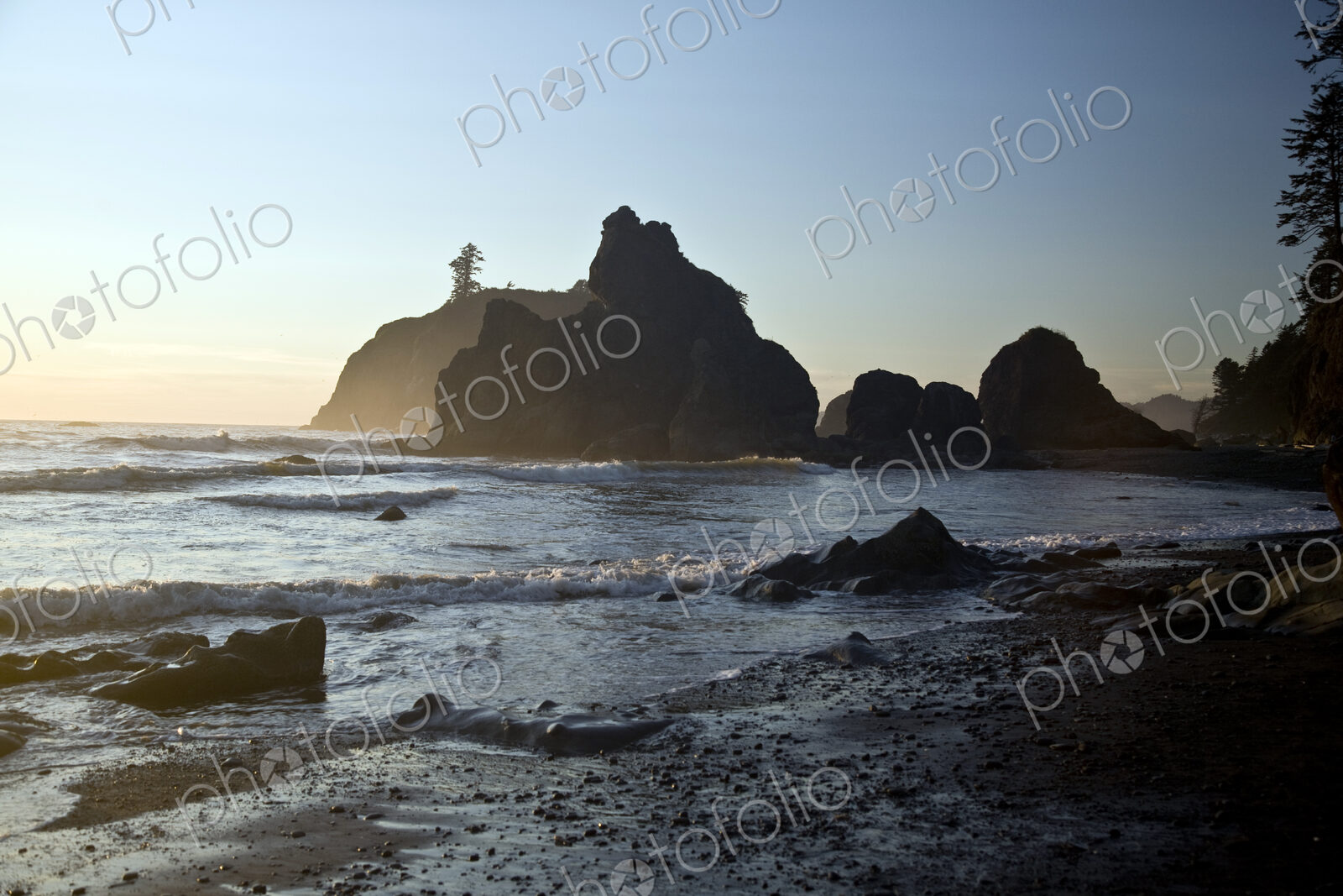 Ruby Beach at sunset, Olympic National Park, rock stacks offshore.