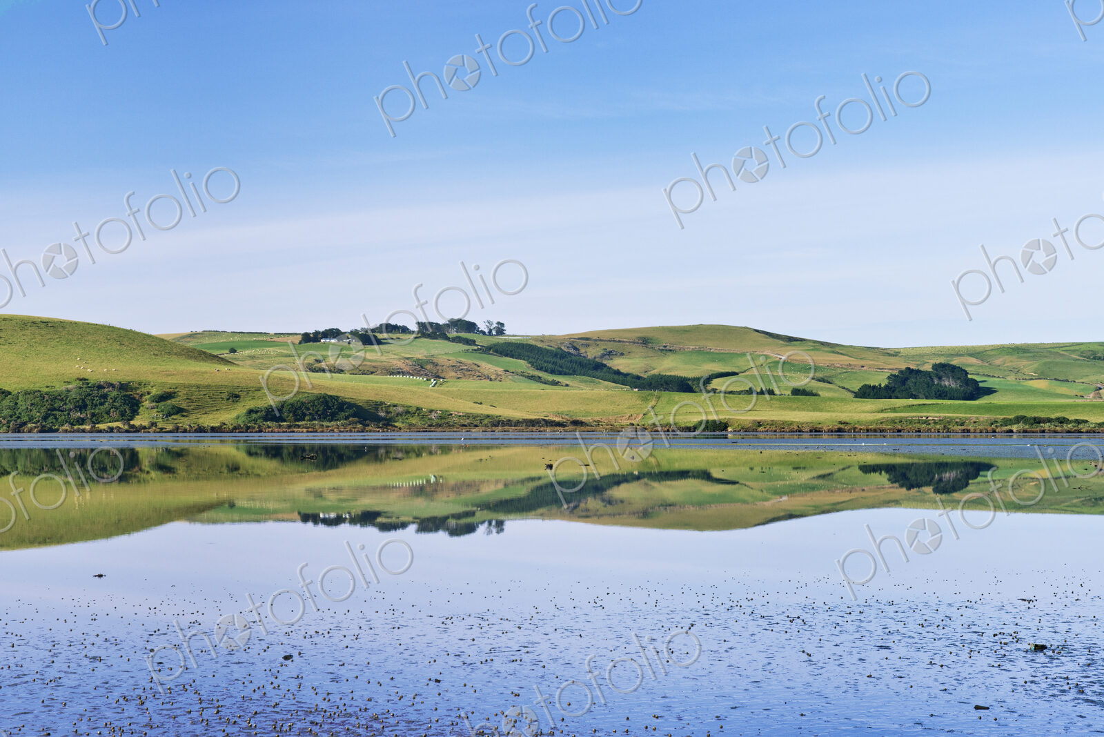 Rural hills reflected in calm estuary