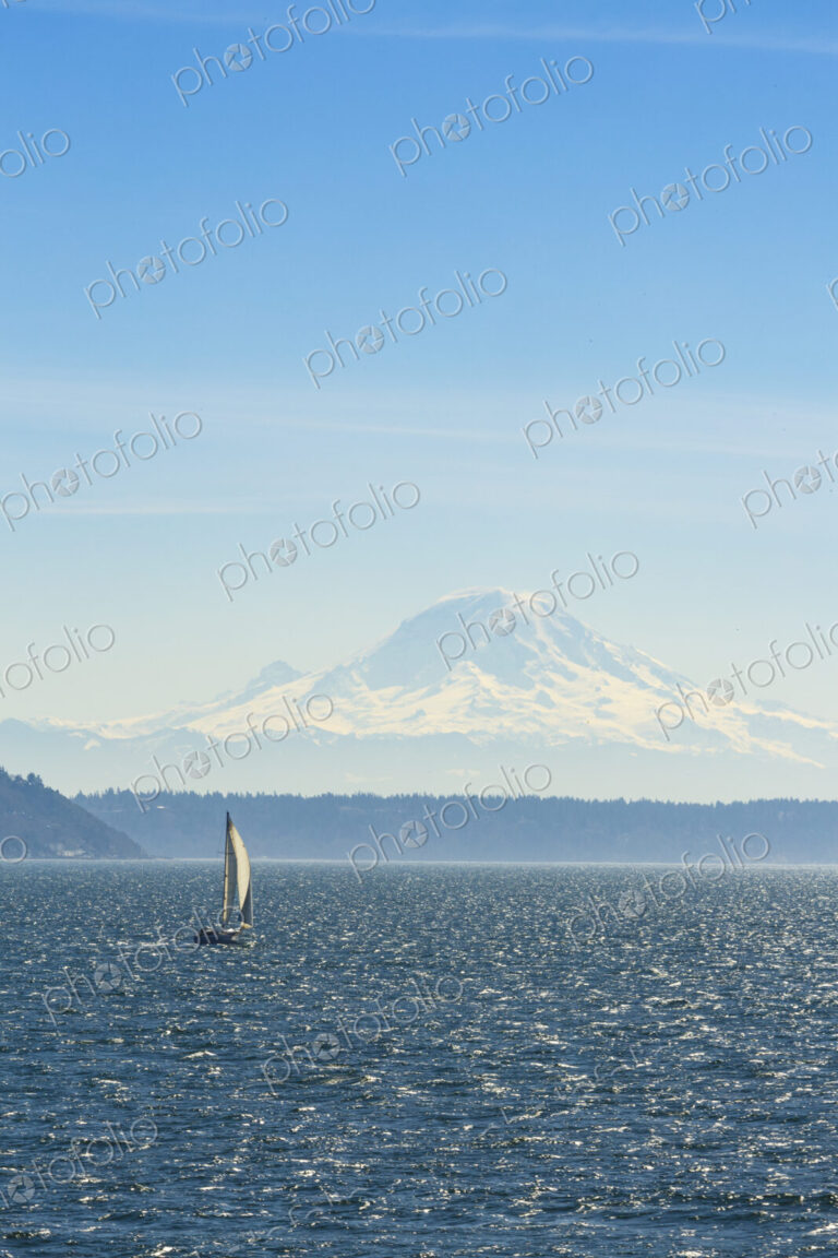 Sailboat on Puget Sound with view of Mt Rainier in windy conditions, near Seattle, WA USA