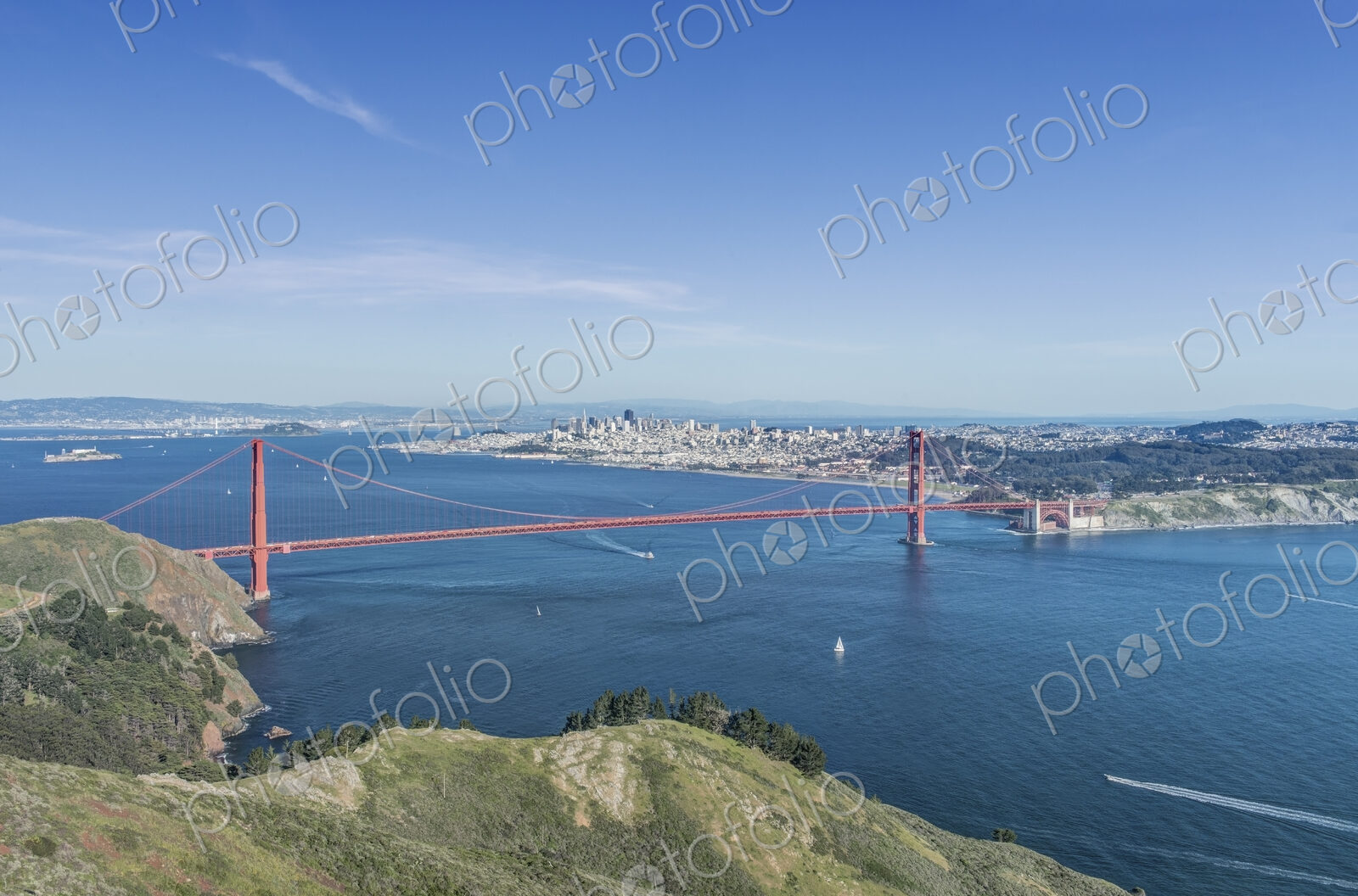 San Francisco, City by the Bay, elevated view of the Golden Gate Bridge, the waters of…