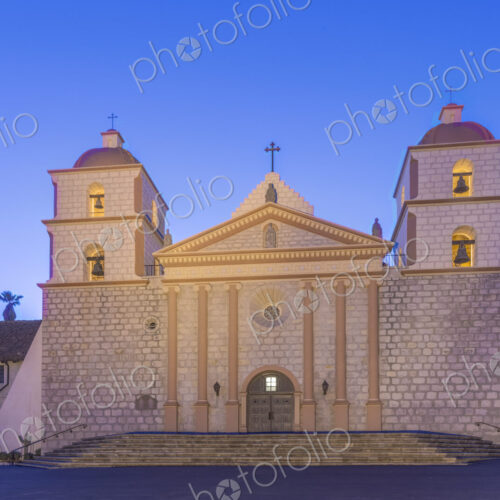 Santa Barbara mission, an 18th century Spanish colonial style church building at dusk,… Santa Barbara mission, an 18th century Spanish colonial style church building at dusk,…