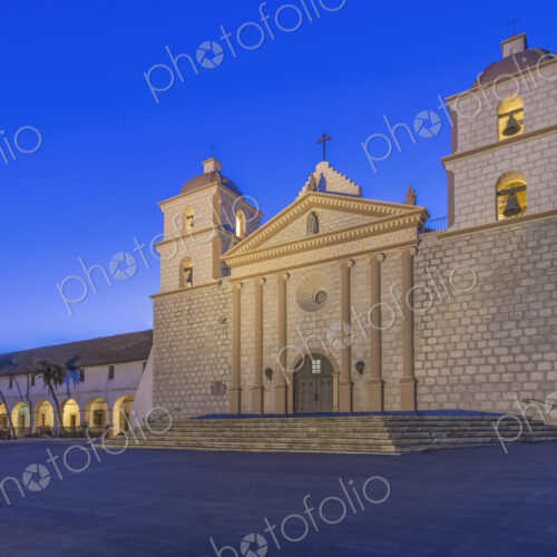 Santa Barbara mission, an 18th century Spanish colonial style church building at dusk,… Santa Barbara mission, an 18th century Spanish colonial style church building at dusk,…