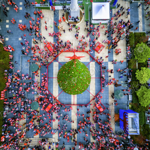 SantaCon parade in 2015. Aerial view over Union Square in San Francisco.
