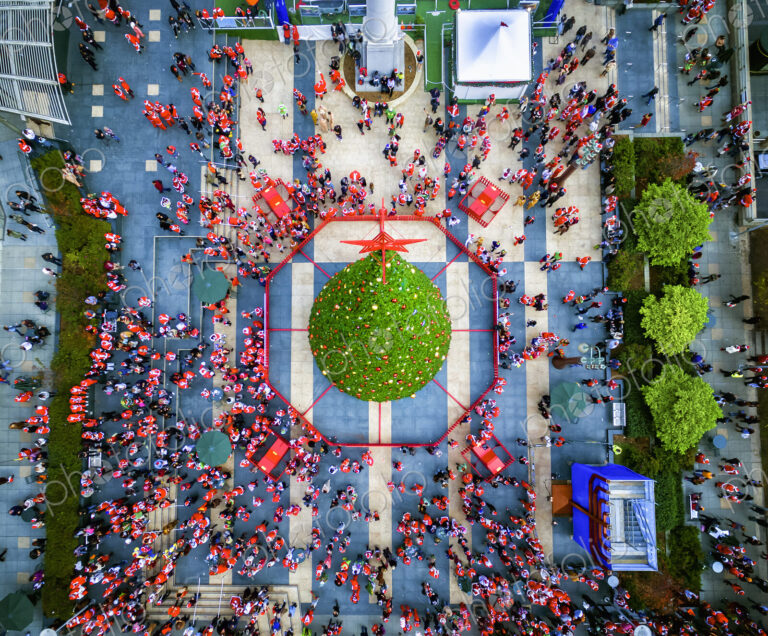 SantaCon parade in 2015. Aerial view over Union Square in San Francisco.