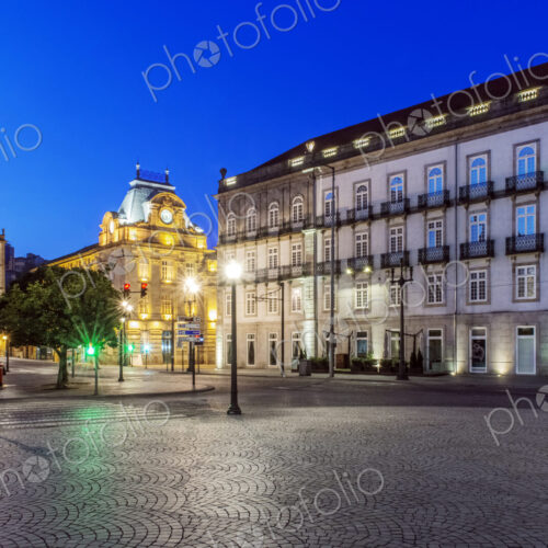 Sao Bento Station illuminated at night, Porto, Porto, Portugal