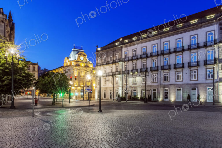Sao Bento Station illuminated at night, Porto, Porto, Portugal