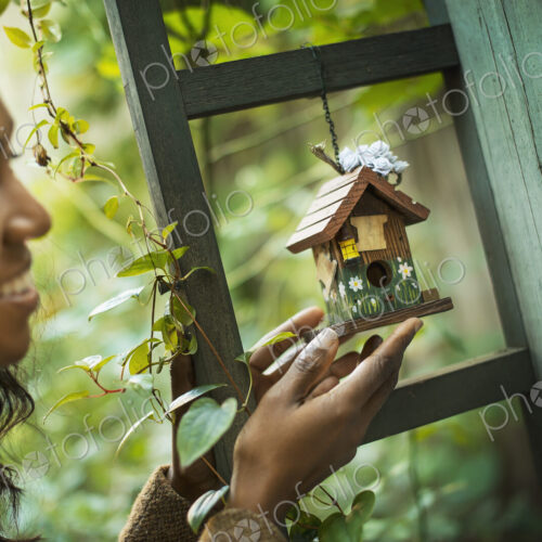 Scenes from urban life in New York City. A woman holding a small painted bird house in… Scenes from urban life in New York City. A woman holding a small painted bird house in…