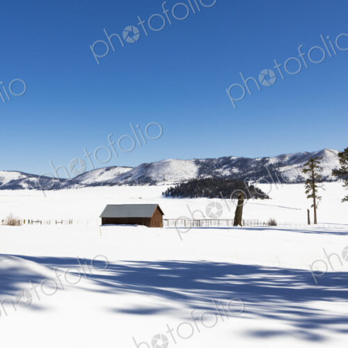 Scenic of a winter snow landscape and small cabin.