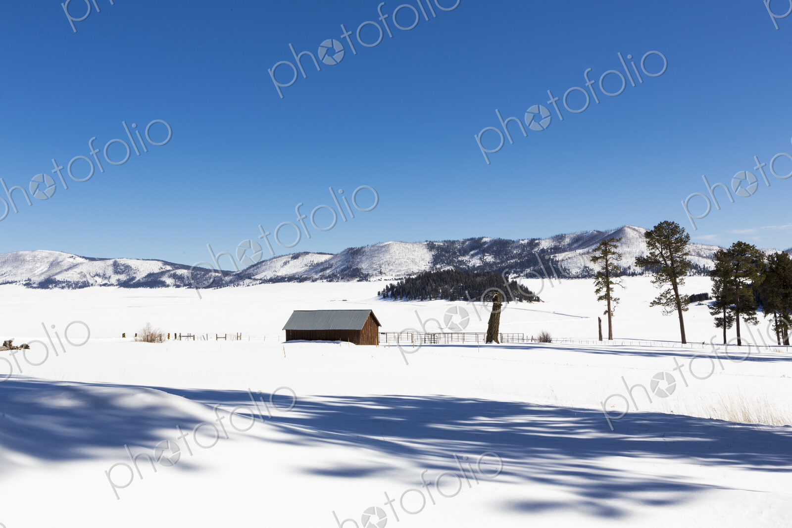 Scenic of a winter snow landscape and small cabin.