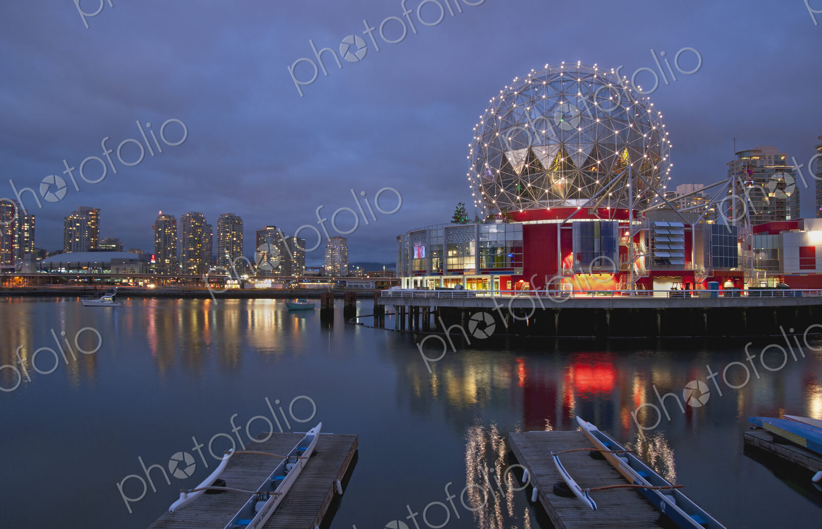 Science World Vancouver lit up at night.